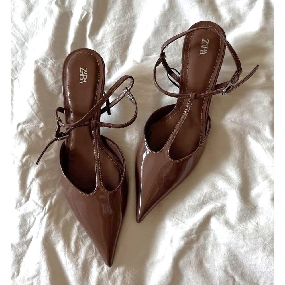 Zara NWT Brown Patent T Strap Slingback Pointed Toe Kitten Heels 9 10 - Picture 9 of 16